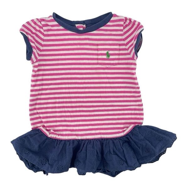 Ralph Lauren Other - Ralph Lauren Baby Girl Pink Striped Dress – Blue Eyelet Peplum Hem, Size 12M